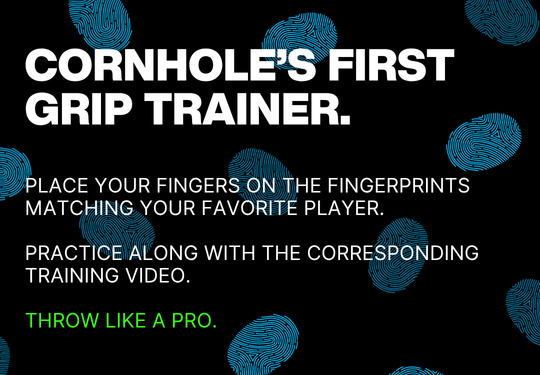 Promotional text for cornhole grip trainer with fingerprint patterns on a black background